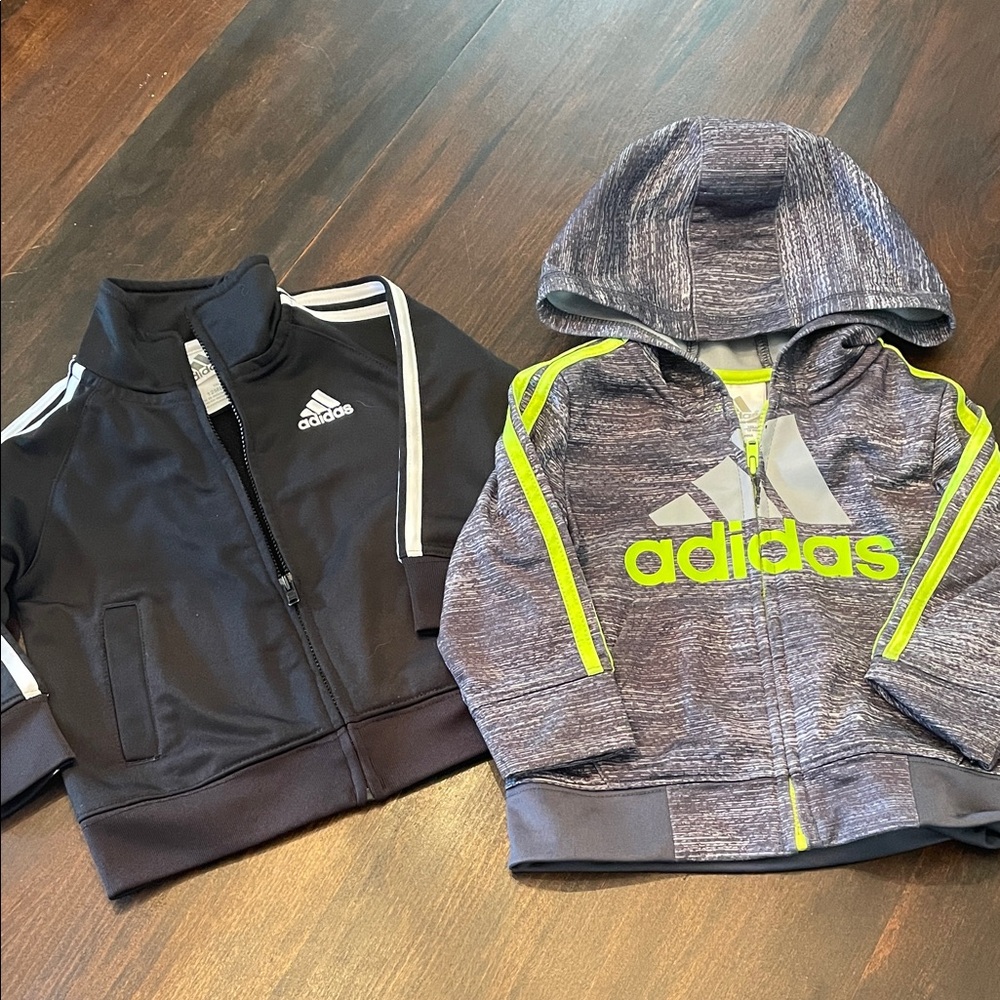 2 Adidas Kids' Black and Heather Gray Hoodies with Neon Highlights